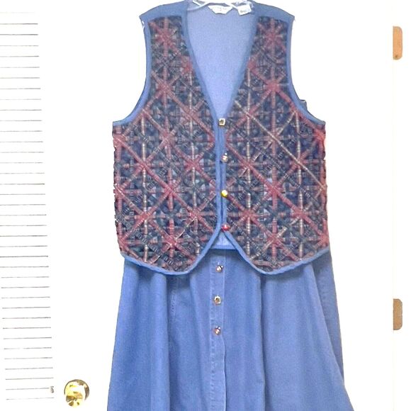 Victoria Jones Vtg 2 Pc Vest‎ Skirt Set Sz 1X~2X Teacher Denim Starburst Weave - Picture 2 of 16